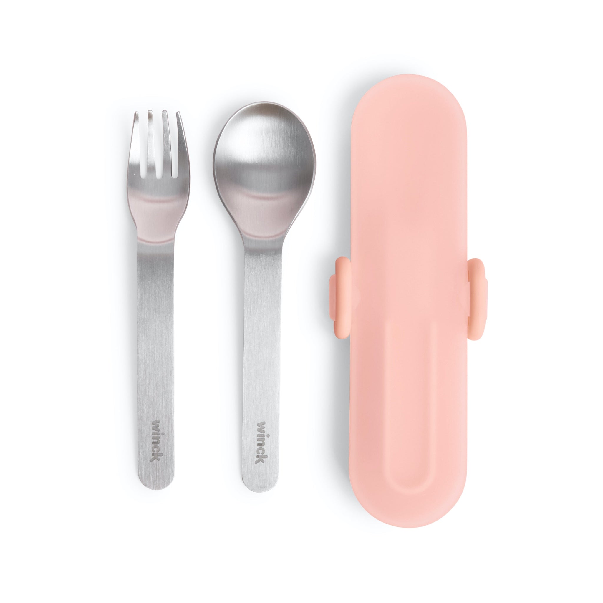 Winck Utensil Set for Kids in Peach. This includes Stainless Steel Fork and Spoon, and Carrying Case.