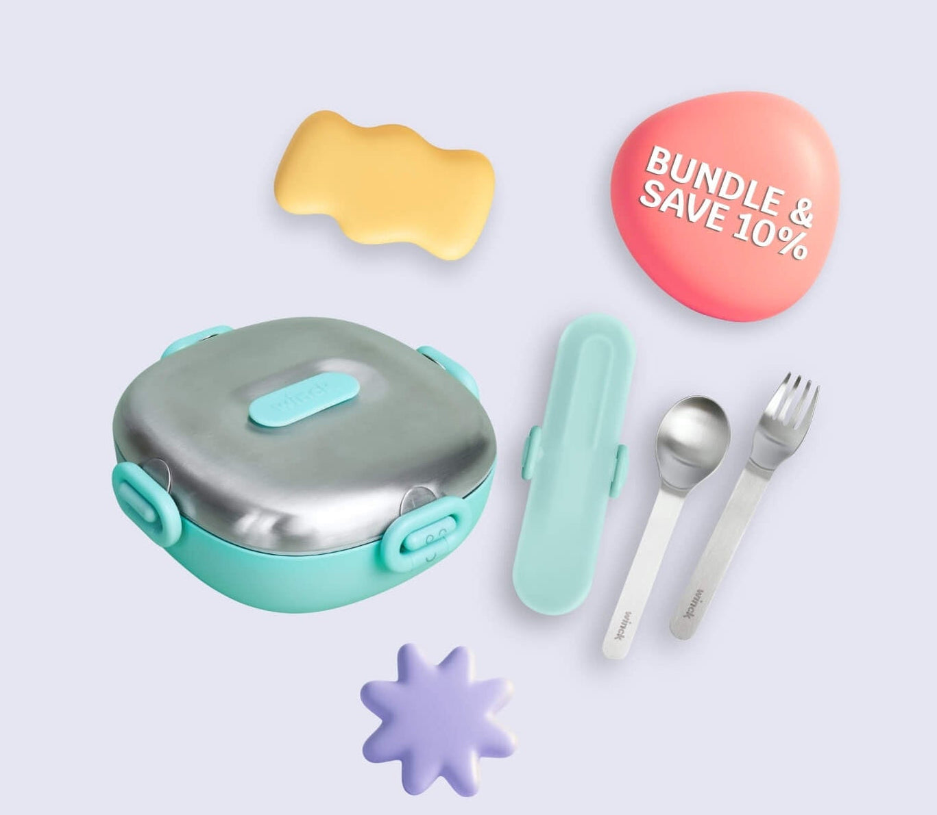 Children's lunch box with utensils and promotional text on a light gray background