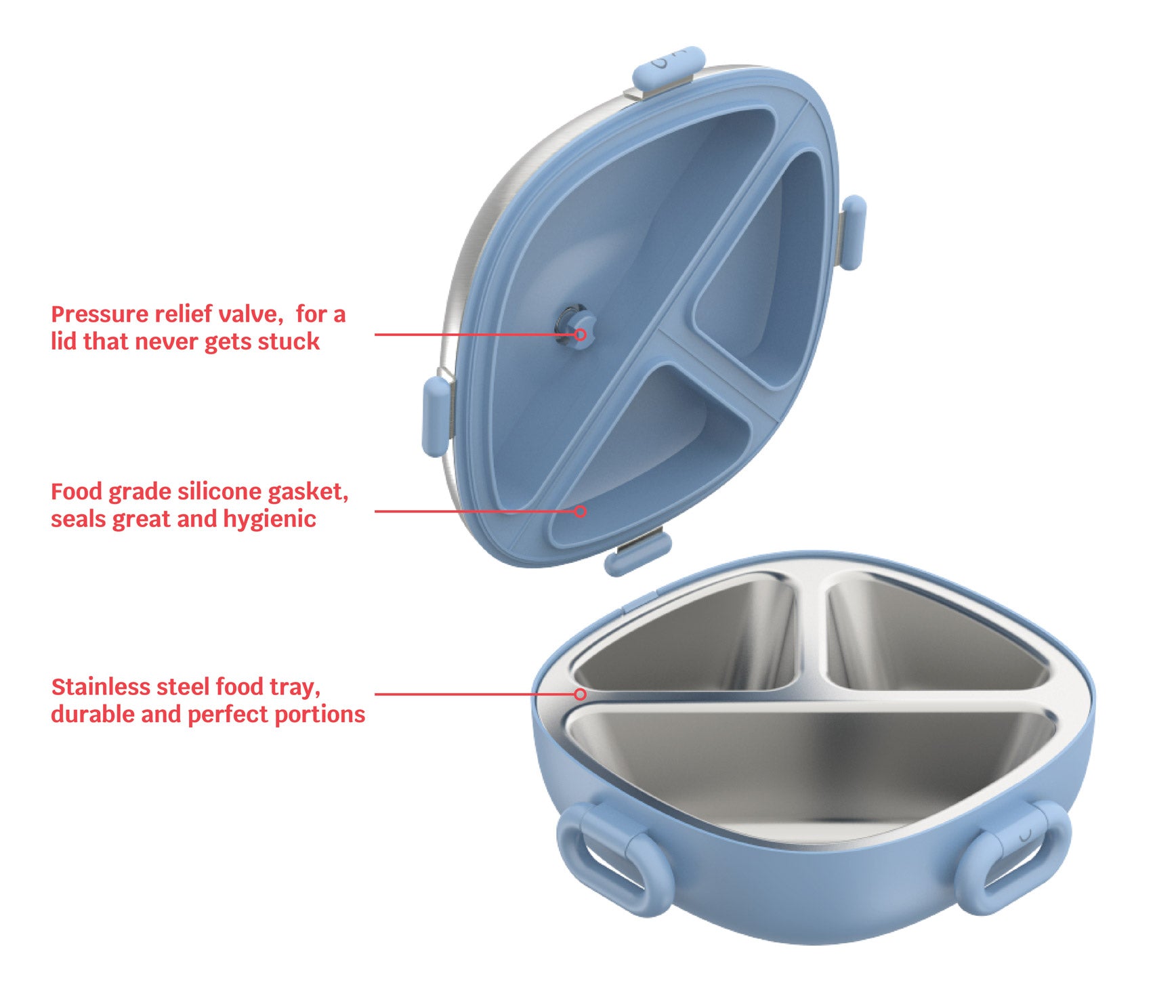 Winck Stainless Steel Bento Lunch Box in Berry Opened with Callouts for Parts