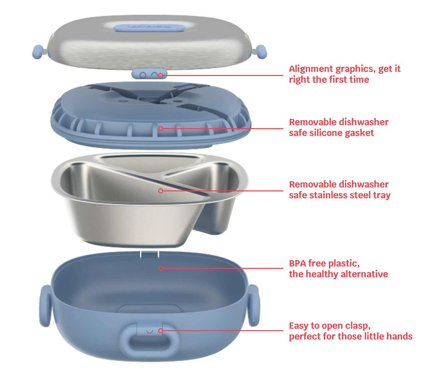 Winck Stainless Steel Bento Lunch Box in Berry Exploded Image Showing Product Parts and Features