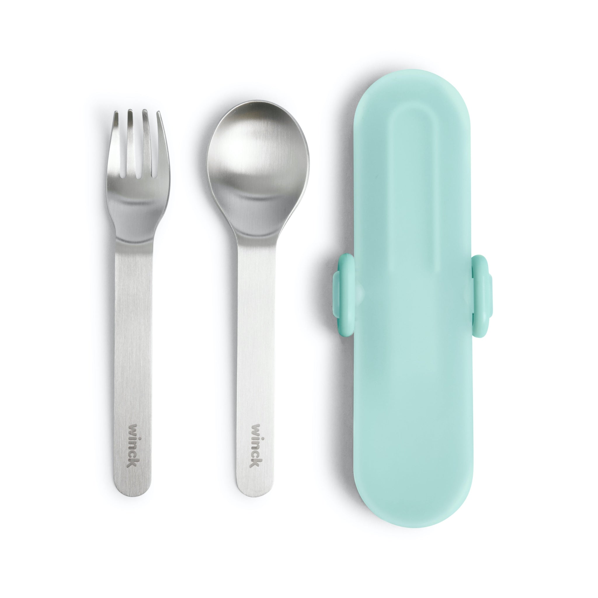 Winck Utensil Set in Pistachio which includes a stainless steel fork and spoon plus a carrying case.