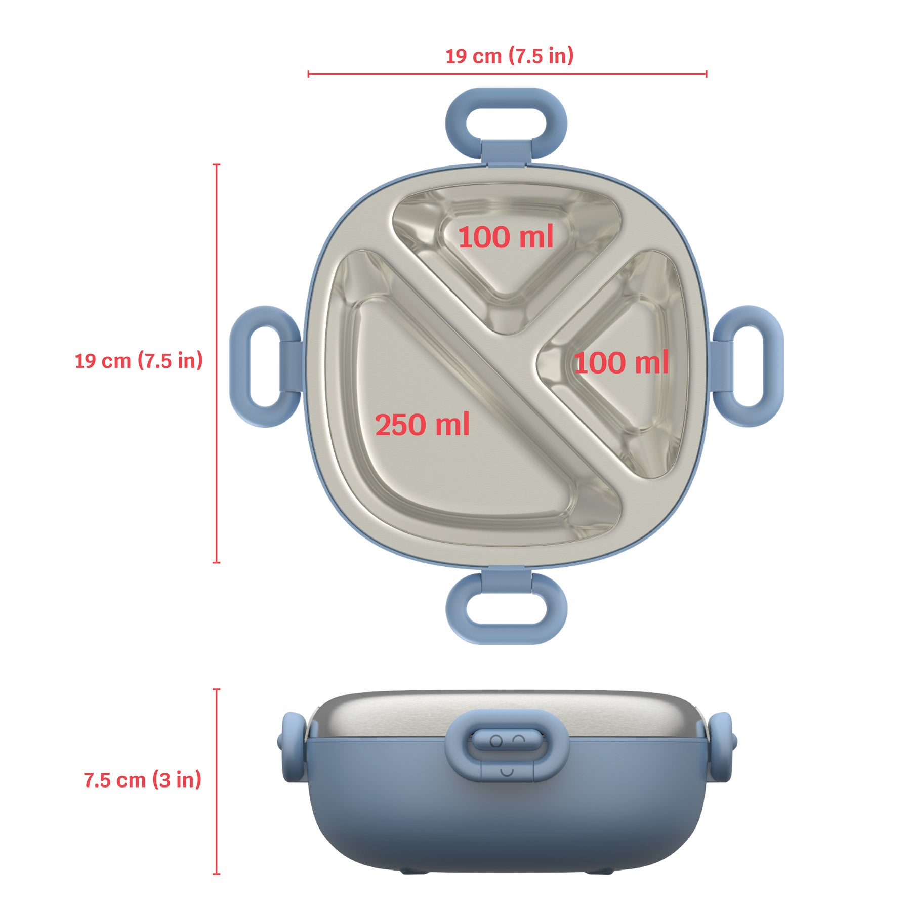 Dimensional view of Winck stainless steel bento box, measuring 19 cm in width and length with a depth of 7.5 cm, featuring compartments with capacities of 100 ml each and a larger 250 ml section, ideal size for kids lunches.